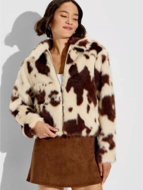 Faux Fur Cow-Print Jacket in Cream and Brown Cow Print by Wild Fable 🎯 size Xs